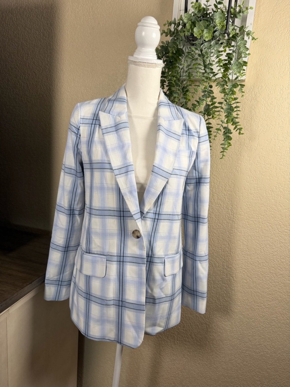 Halogen Light Blue and White Plaid Blazer